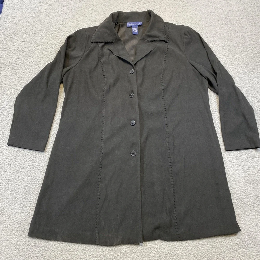 Susan‎ Graver Jacket Womens 1X Black Long Button Front Coat Lightweight Stretchy